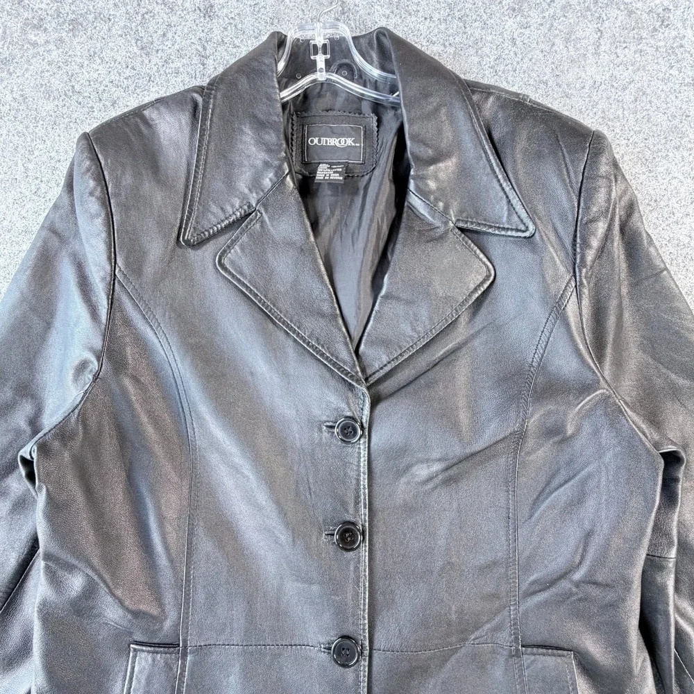 Y2K‎ OutBrook Genuine Leather Blazer Jacket Womens L Black Button-Front Outdoor